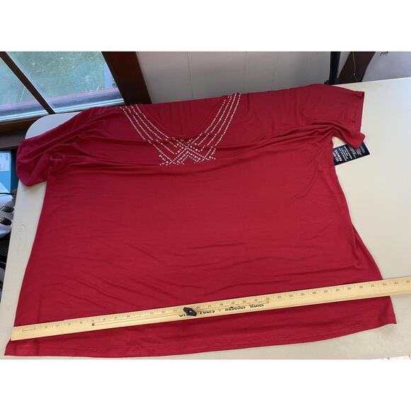 Catherines Top 3X Red Rhinestone Embellished V Neck Dolman Slinky Knit Glam - Picture 8 of 13